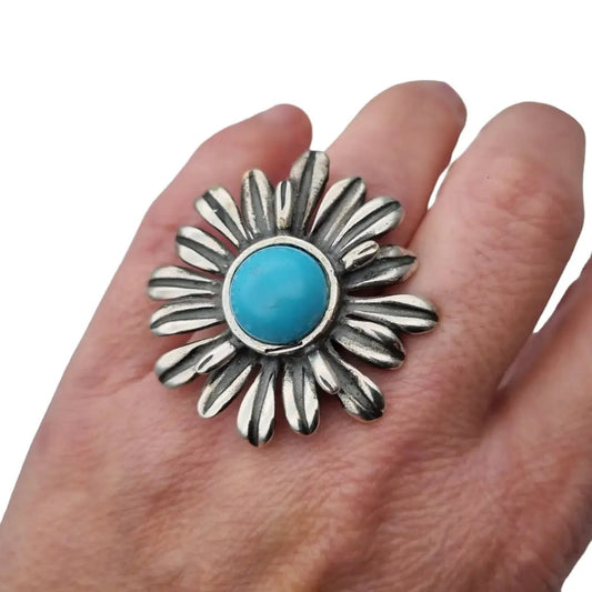 Anillos mujer flor grande piedra azul anillo plata de ley vintage regalos