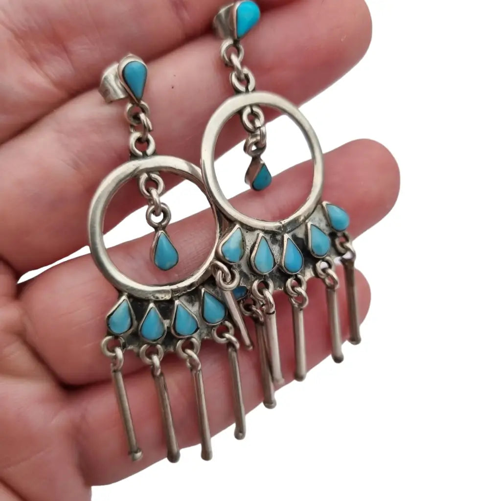 Pendientes mujer boho vintage mexicanos de plata ley 925 y piedra turquesa.