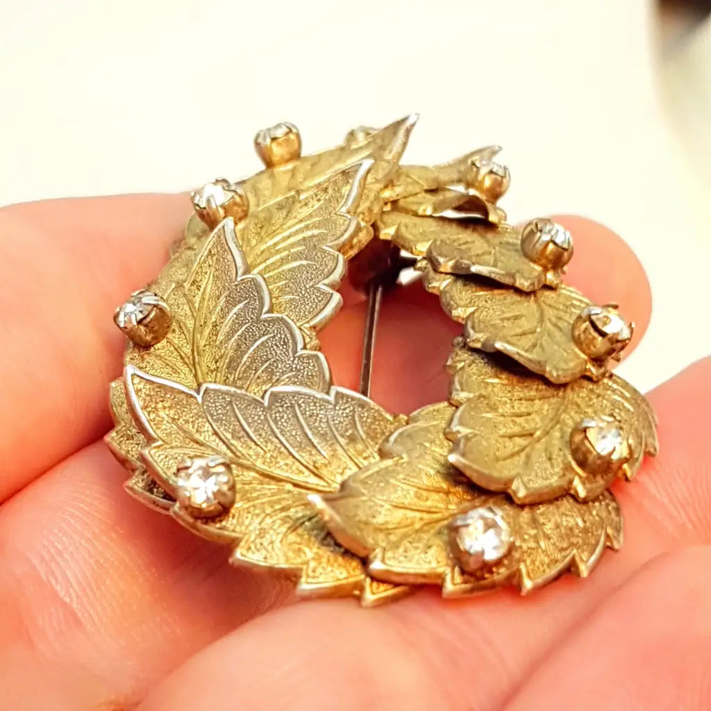 Broche hoja vintage de plata con pedrería regalos para mujer