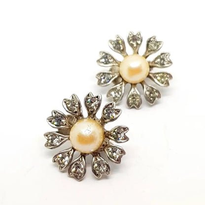 Flor de perla. Pendientes art decó plata circonitas y perlas. Circa 1950.