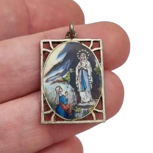 Colgante Virgen Religiosa esmalte azul medalla rectangular regalo