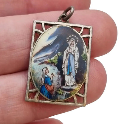 Colgante Virgen Religiosa esmalte azul medalla rectangular regalo