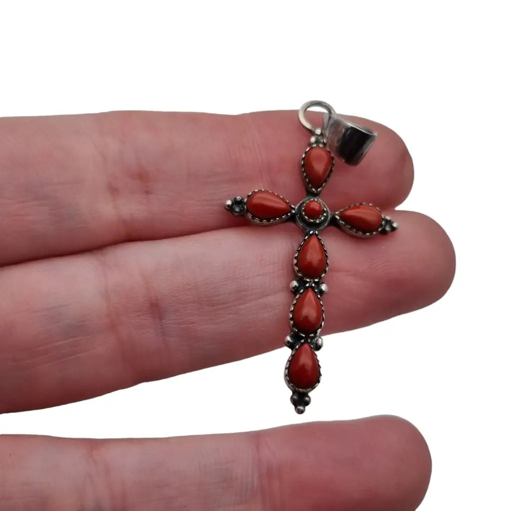 Cruz de plata cornalina colgante rojo boho joyería religiosa ley 925