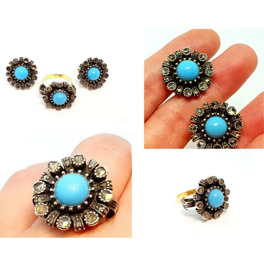 Conjunto de aretes y anillos anillo arete art deco joyas azules juegos