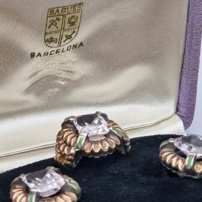 Conjunto Art Decó de pendientes y anillo plata caja Bagués Barcelona 1940.