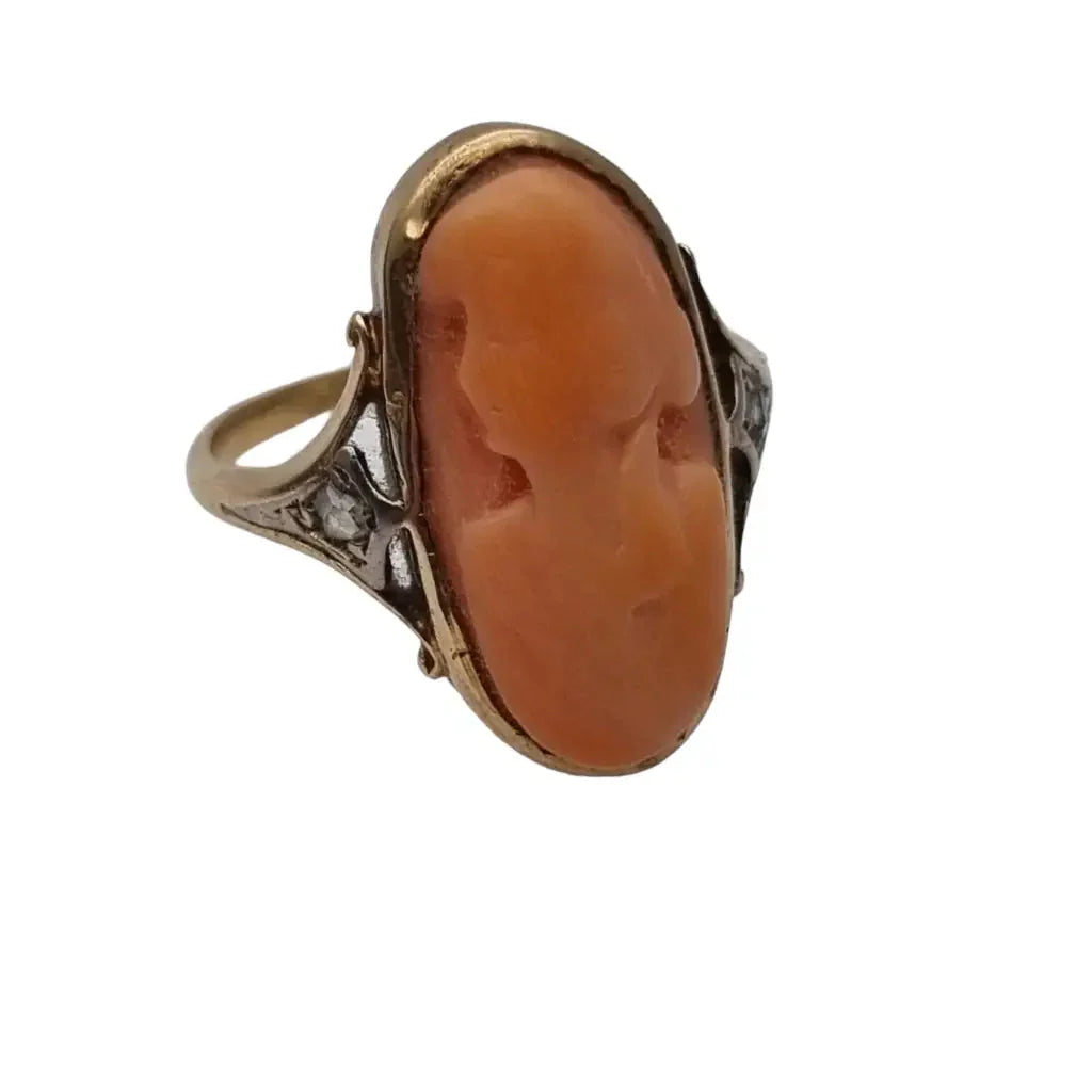 Anillo camafeo de diamantes coral en oro 14k con caja para mujer joyería