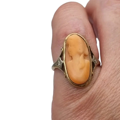 Anillo camafeo de diamantes coral en oro 14k con caja para mujer joyería