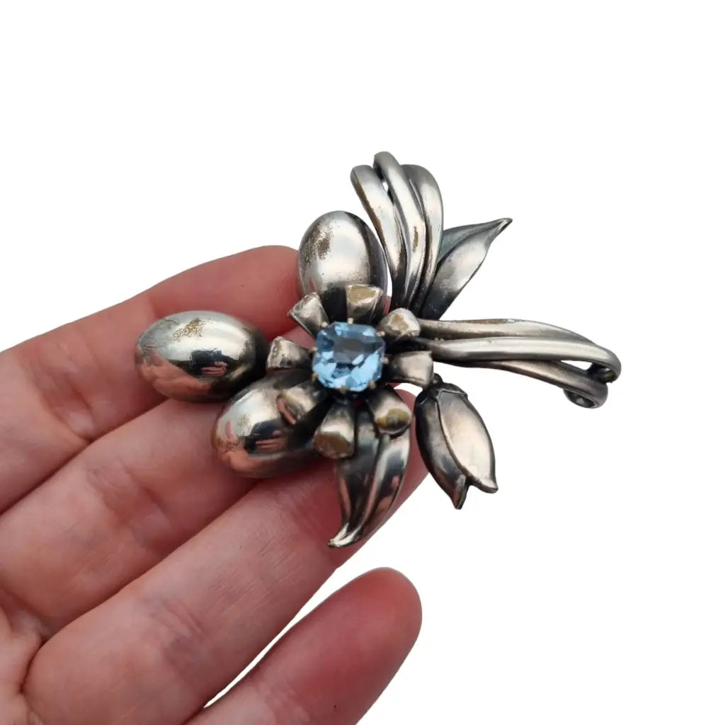 Broche grande de flor art deco vintage boda joyería pedrería azul regalo