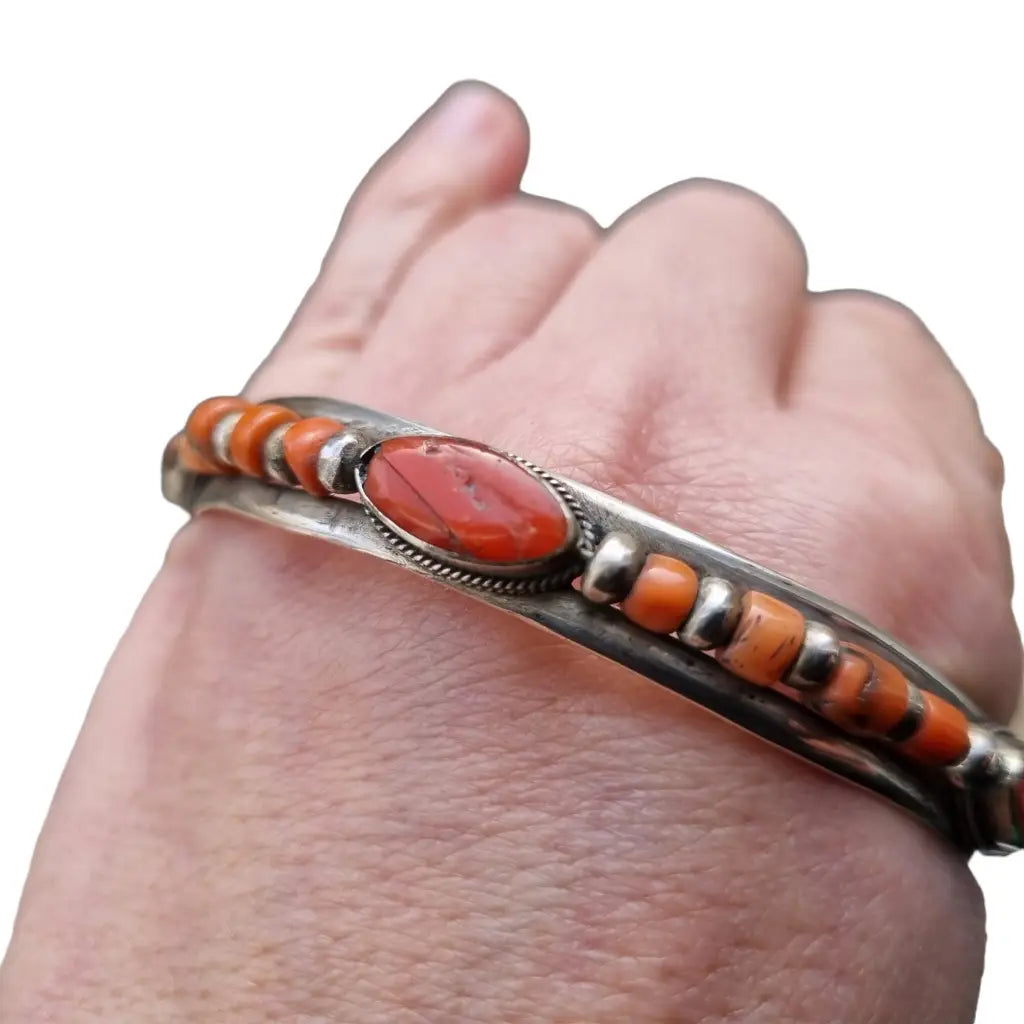 Brazalete de coral pulsera plata ley rojo natural joyería