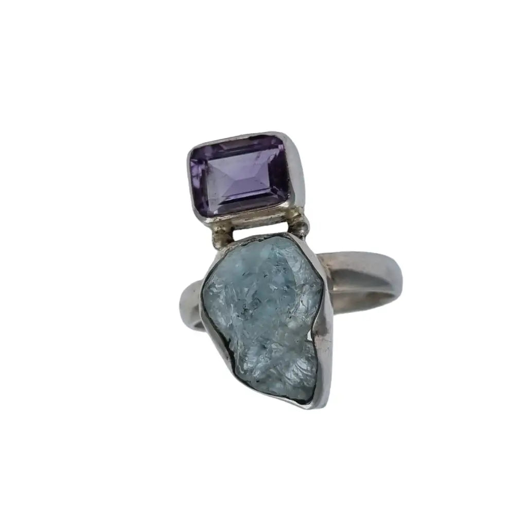 Anillo boho de plata con amatista y aguamarina para mujer piedra morada azul