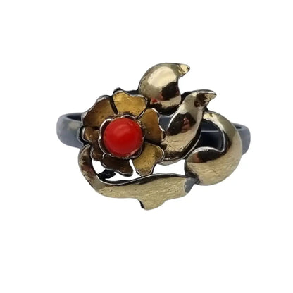 Anillo de flores plata oro y coral mediados siglo para mujer circa