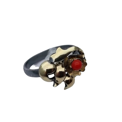 Anillo de flores plata oro y coral mediados siglo para mujer circa