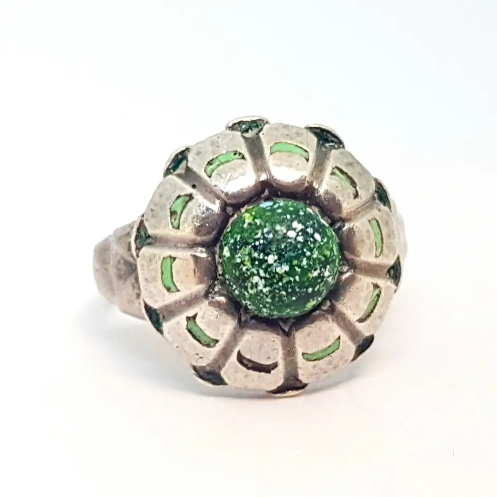 Anillo de plata art deco con esmalte verde joyas flores hechas a mano regalos