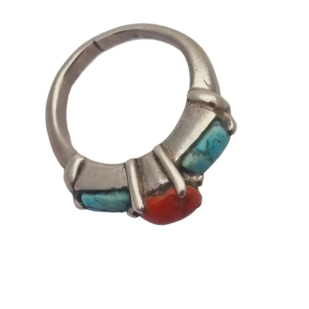 Anillo vintage de plata coral y turquesa joyería boho para mujer hecho a mano.
