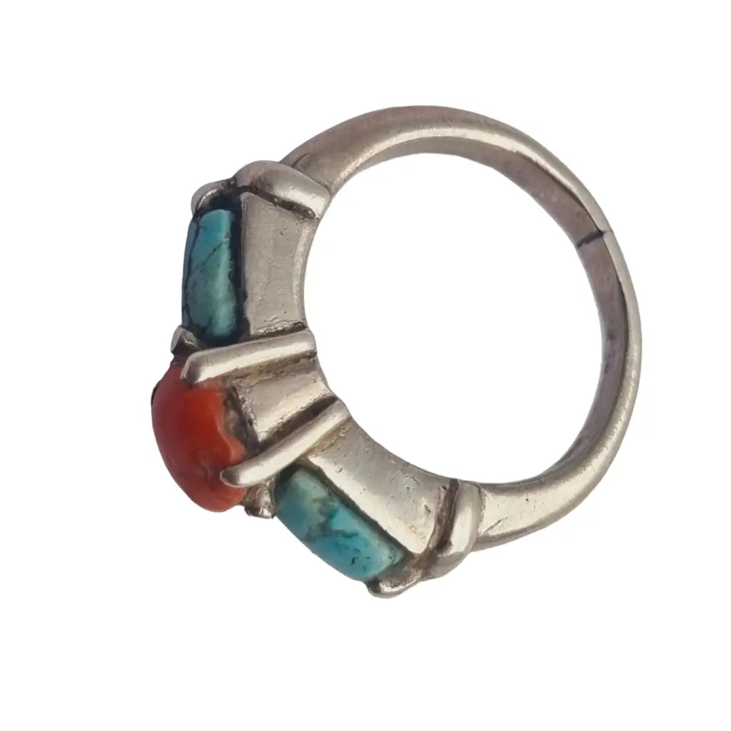 Anillo vintage de plata coral y turquesa joyería boho para mujer hecho a mano.