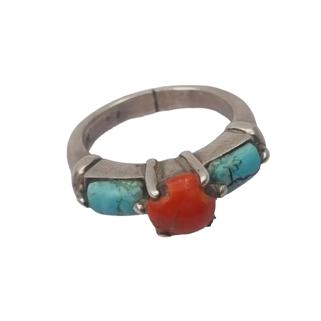 Anillo vintage de plata coral y turquesa joyería boho para mujer hecho a mano.