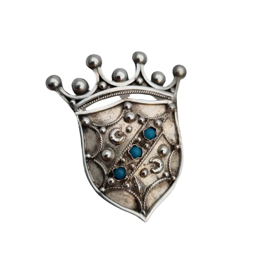 Broche emblema corona pin vintage plata 800 y turquesa estrella broche
