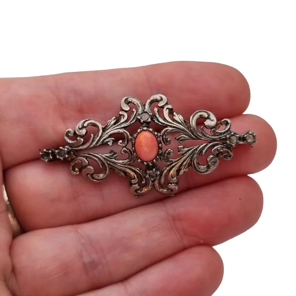 Broche de coral victoriano alfiler plata ley piedra topacio blanco