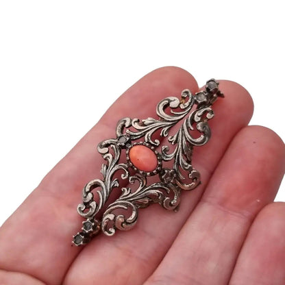 Broche de coral victoriano alfiler plata ley piedra topacio blanco