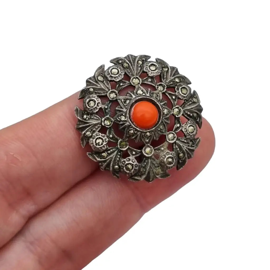 Broche plata coral Joyas vintage broche redondo mujer pin rojo