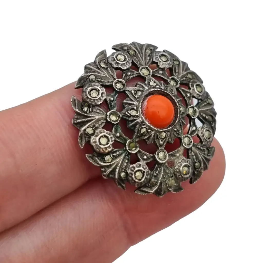 Broche plata coral Joyas vintage broche redondo mujer pin rojo