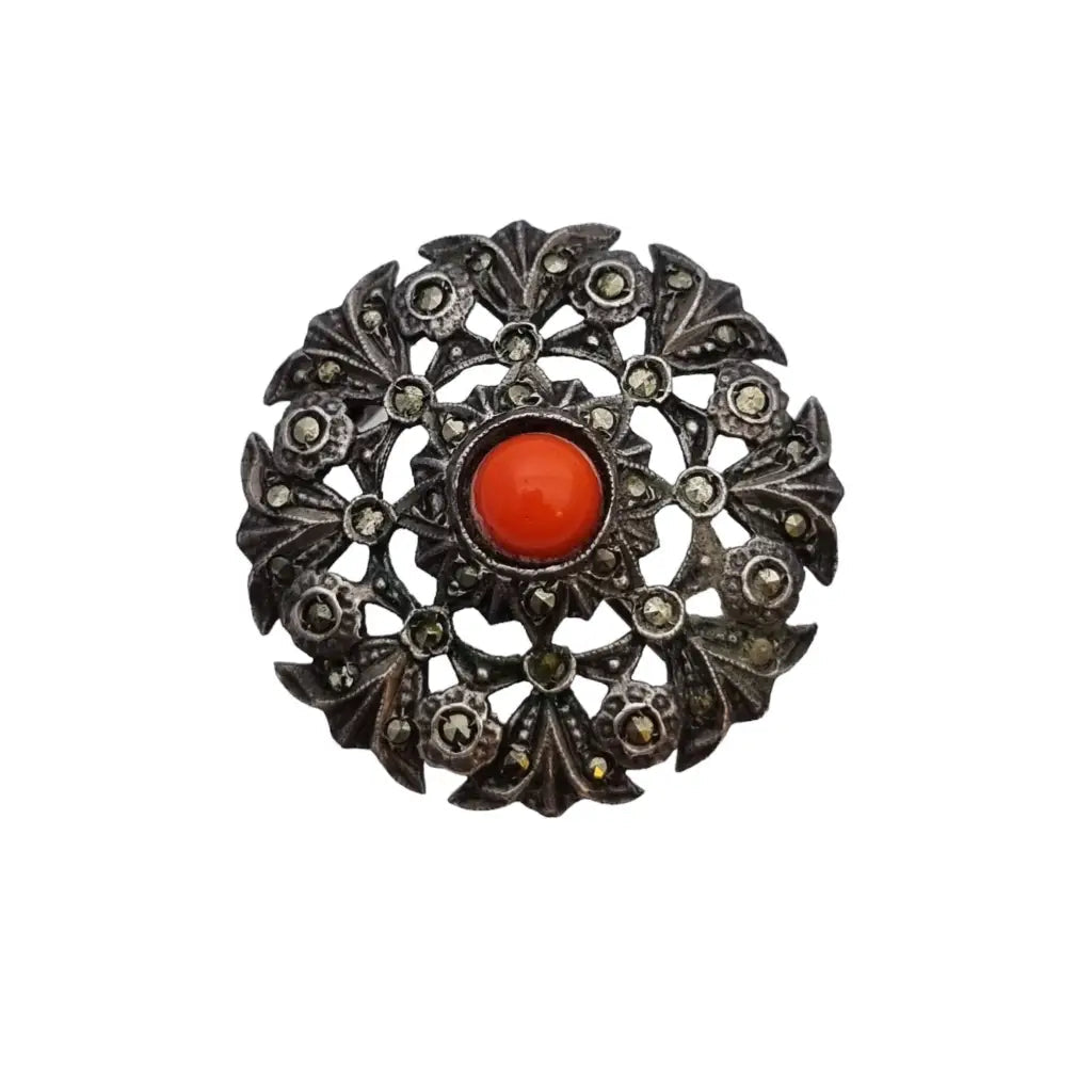 Broche plata coral Joyas vintage broche redondo mujer pin rojo