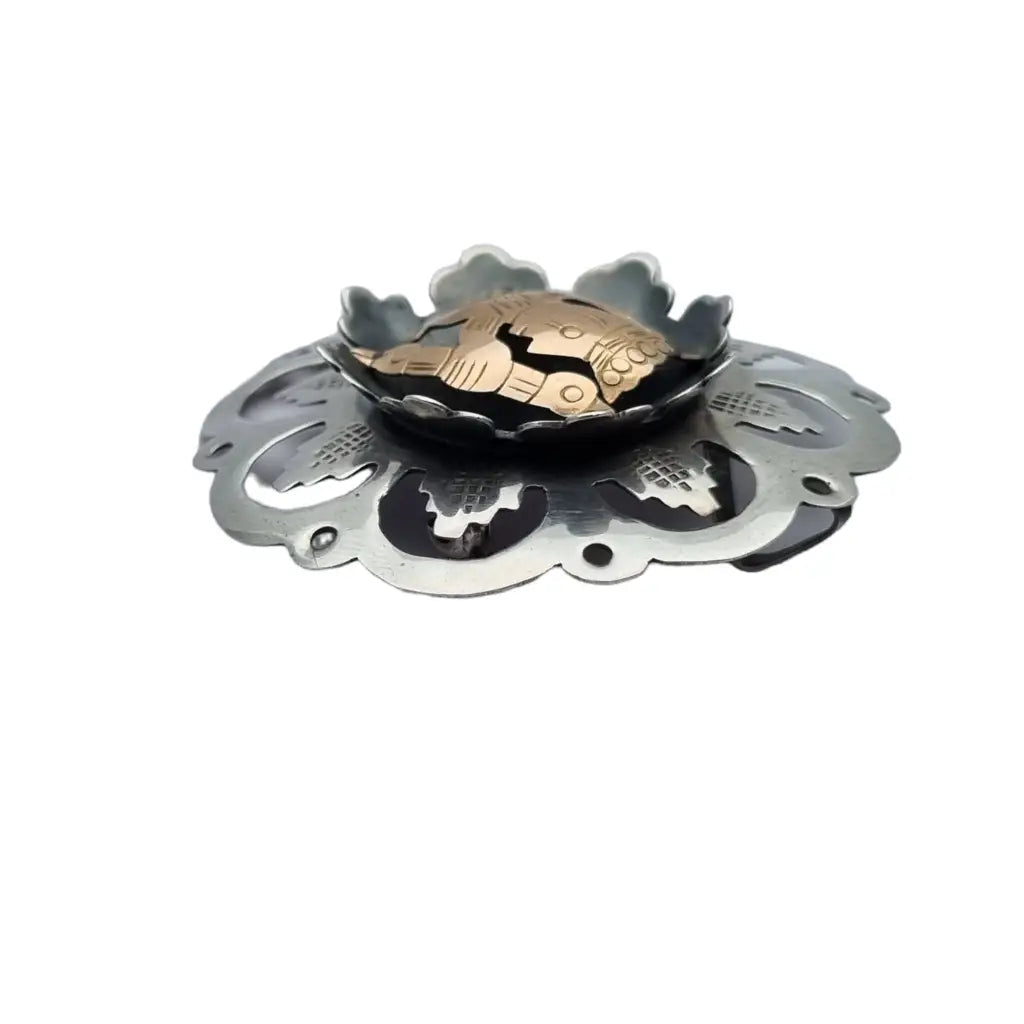Colgante y broche vintage de plata ley peruana oro 18 k joyería inca