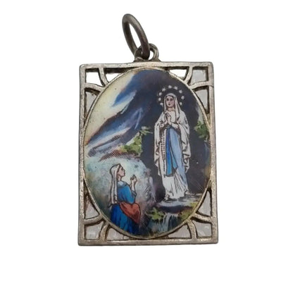 Colgante Virgen Religiosa esmalte azul medalla rectangular regalo