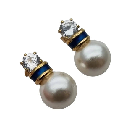 Pendientes de perlas y laminados en oro con circonitas blancas azules