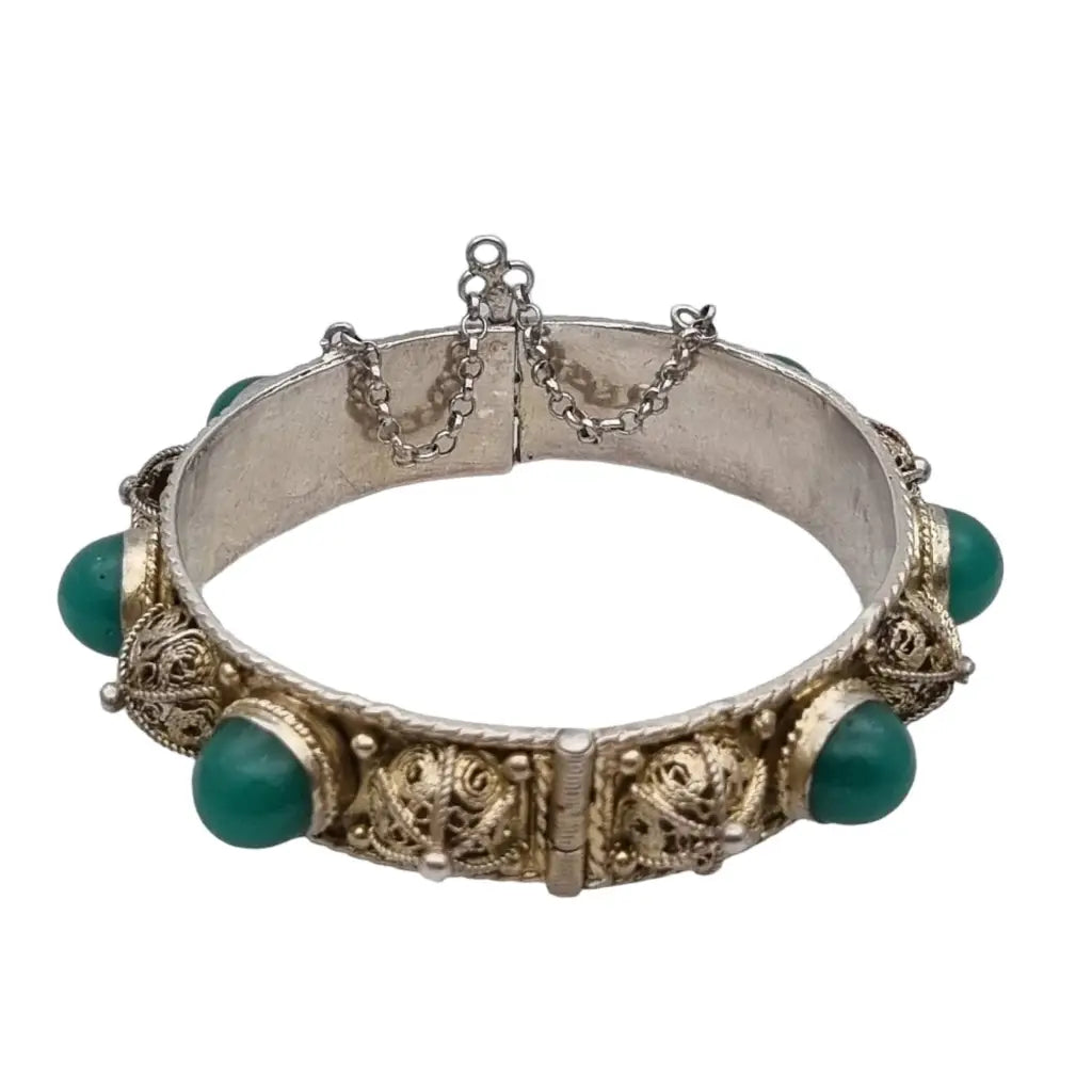 Pulsera de filigrana plata y piedras jade verde para mujer pulsera rígida