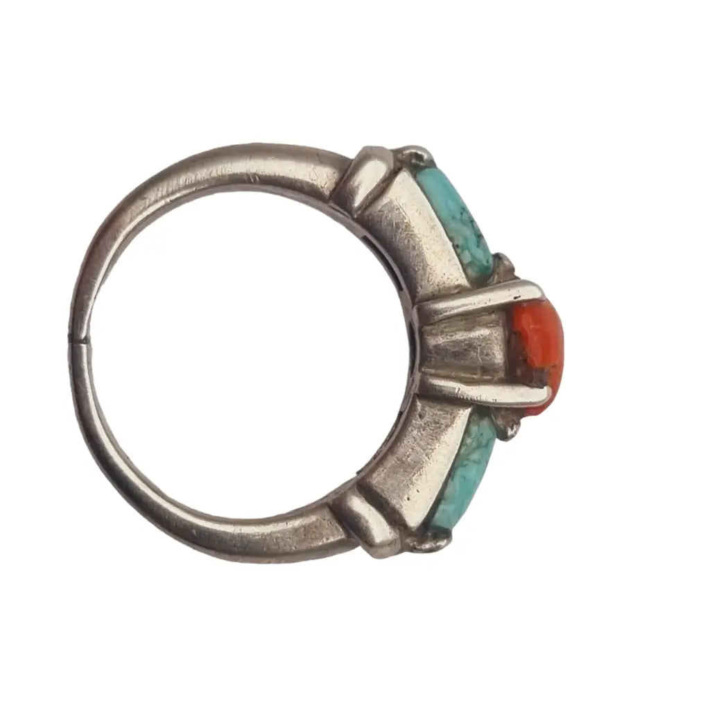 Anillo vintage de plata coral y turquesa joyería boho para mujer hecho a mano.