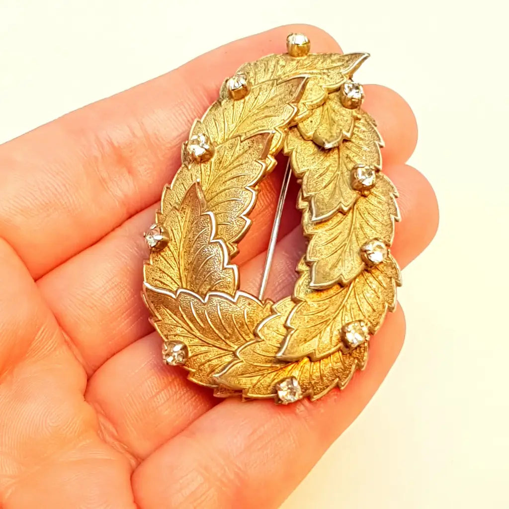 Broche hoja vintage de plata con pedrería regalos para mujer