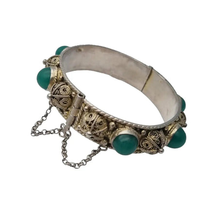 Pulsera de filigrana plata y piedras jade verde para mujer pulsera rígida