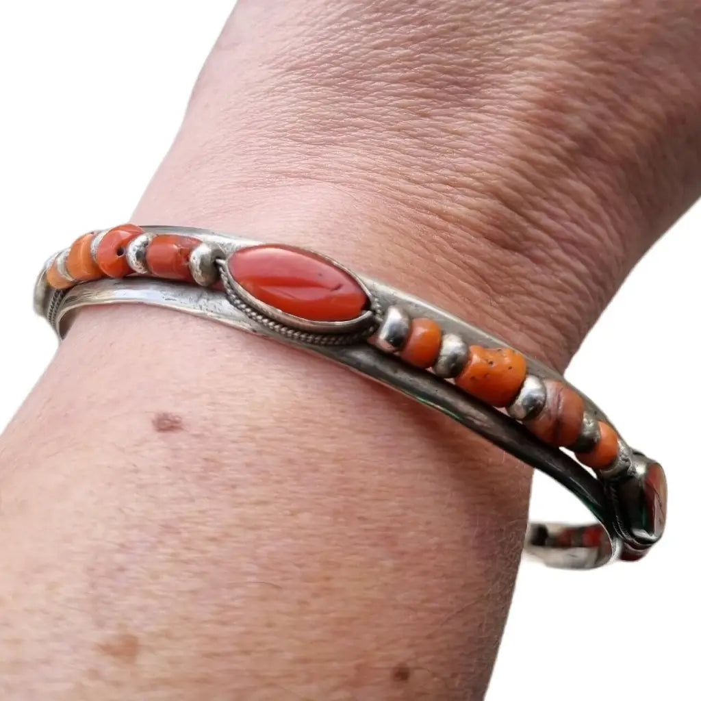 Brazalete de coral pulsera plata ley rojo natural joyería