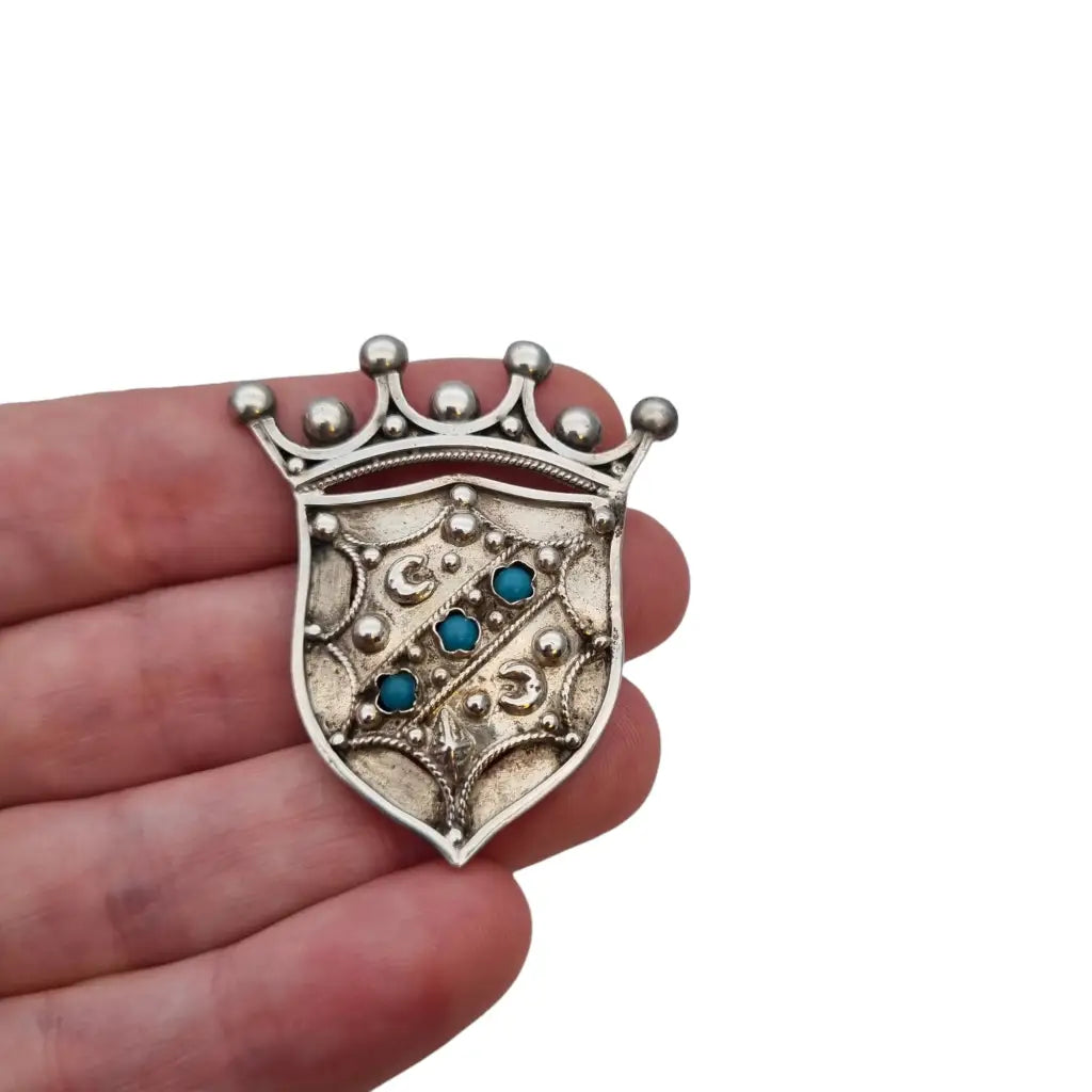 Broche emblema corona pin vintage plata 800 y turquesa estrella broche