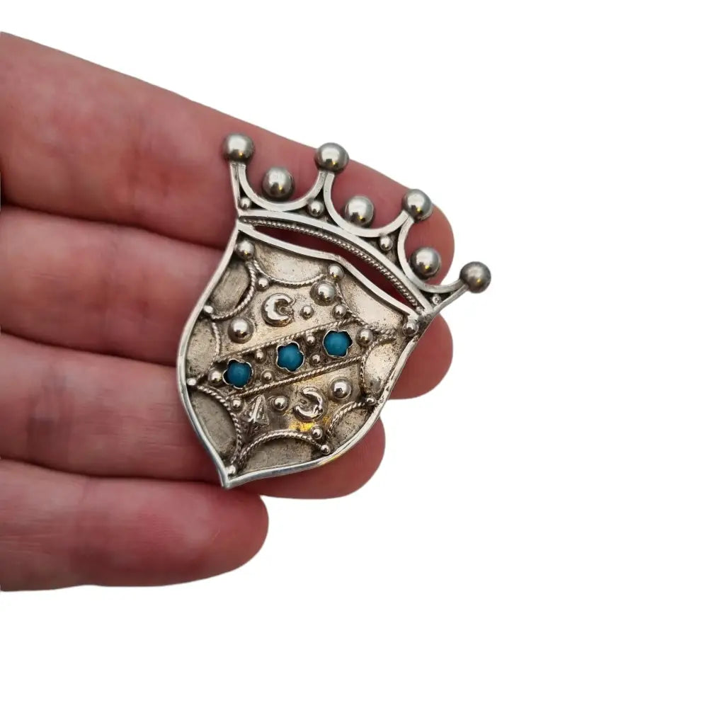 Broche emblema corona pin vintage plata 800 y turquesa estrella broche