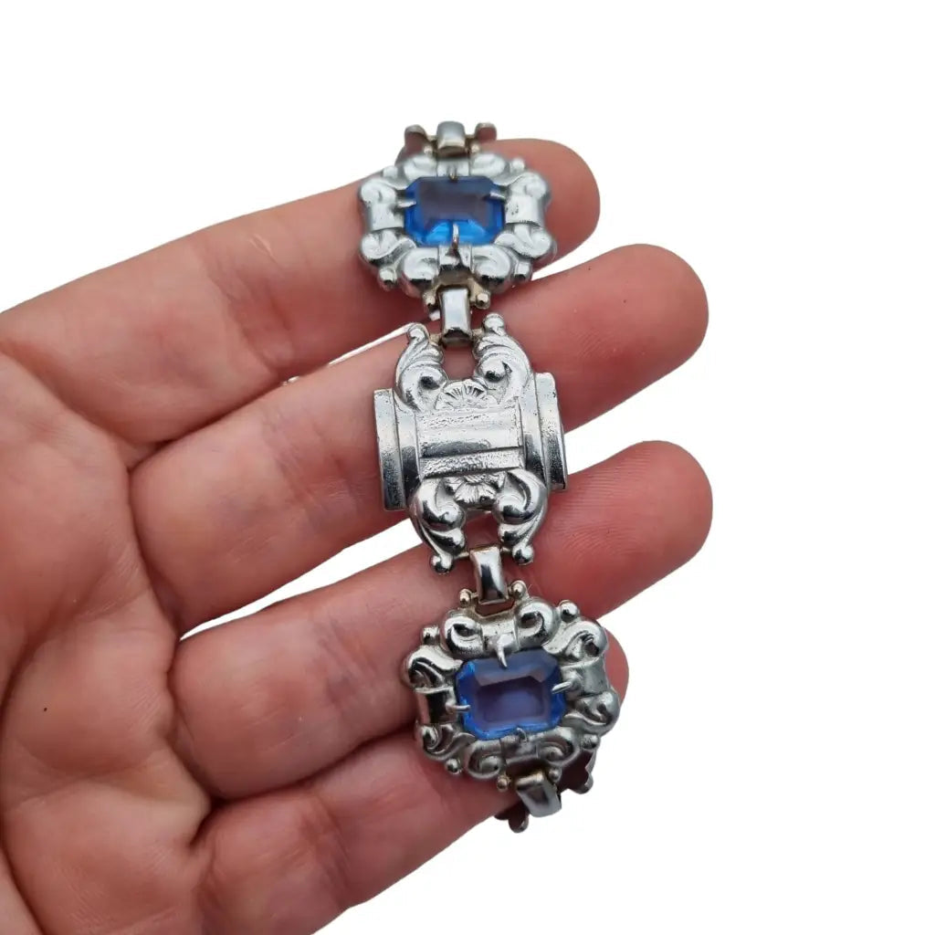 Pulsera art deco azul pulsera de tono plateado antiguo para mujer regalos