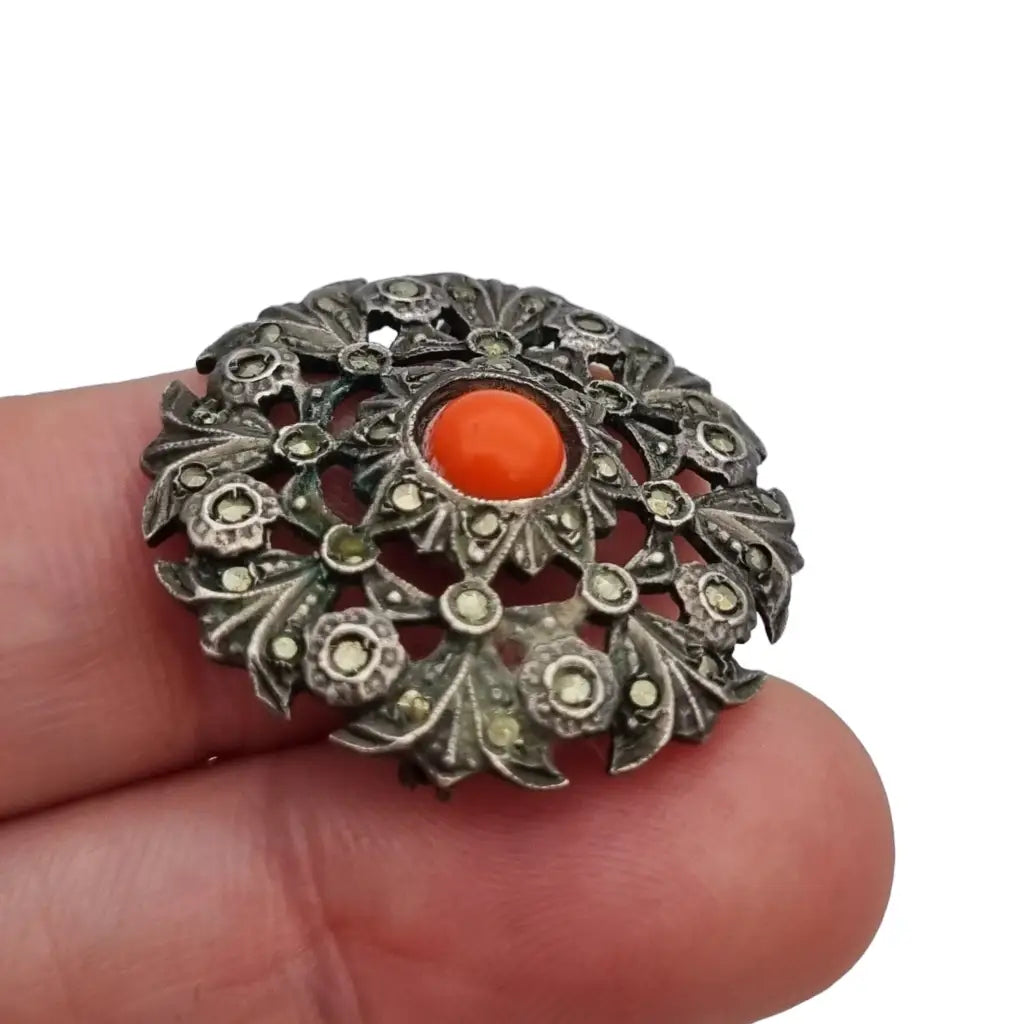Broche plata coral Joyas vintage broche redondo mujer pin rojo