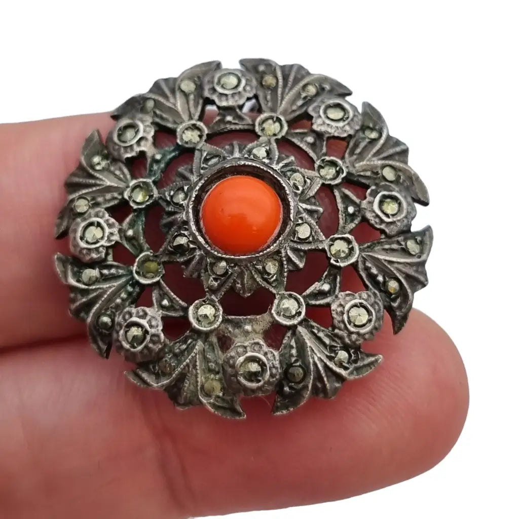 Broche plata coral Joyas vintage broche redondo mujer pin rojo