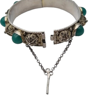 Pulsera de filigrana plata y piedras jade verde para mujer pulsera rígida