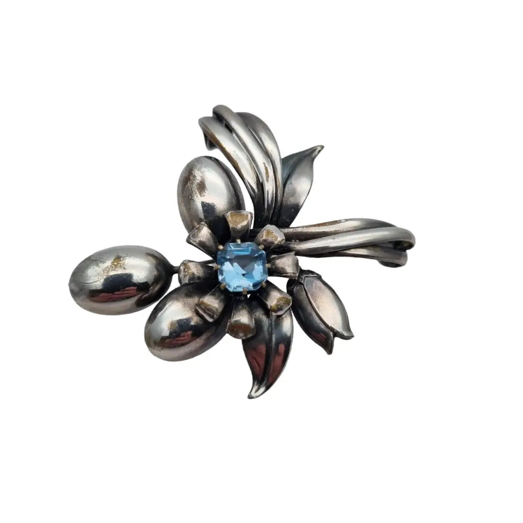Broche grande de flor art deco vintage boda joyería pedrería azul regalo