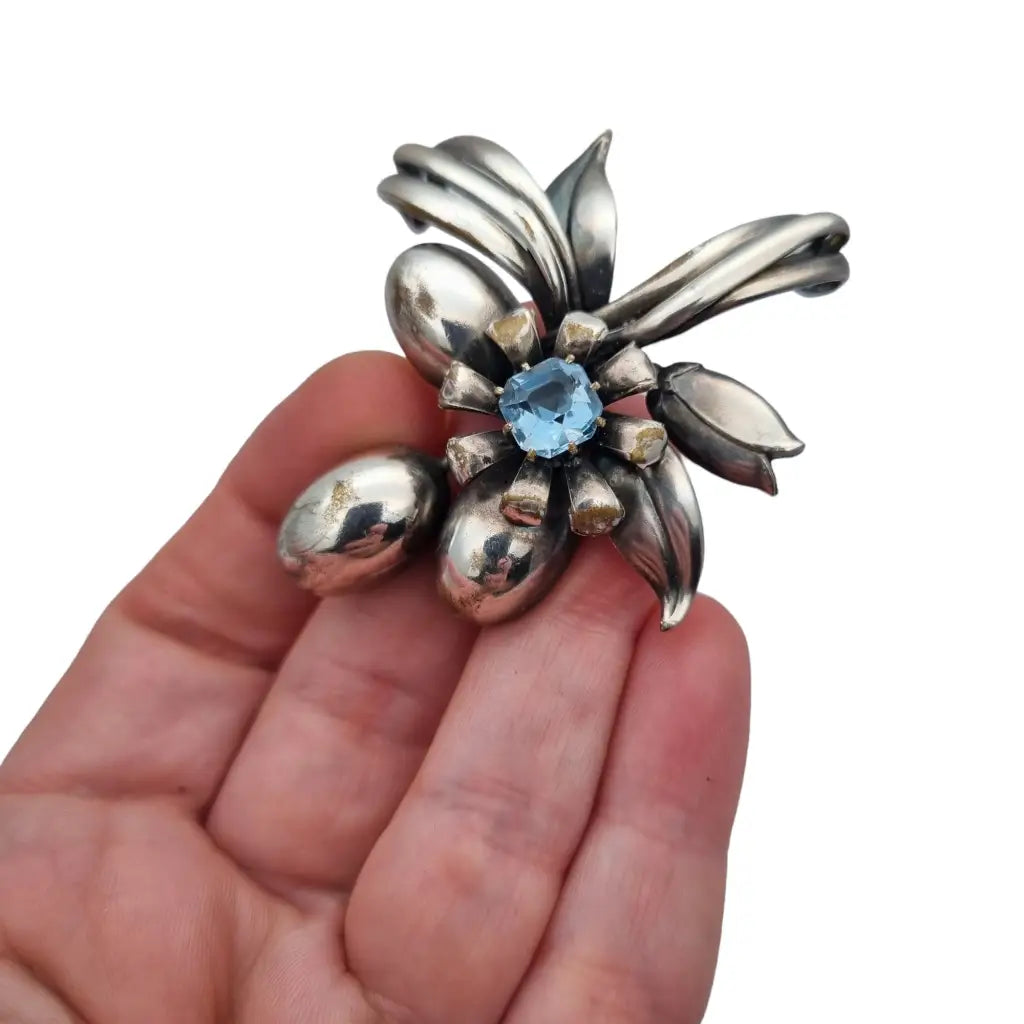 Broche grande de flor art deco vintage boda joyería pedrería azul regalo