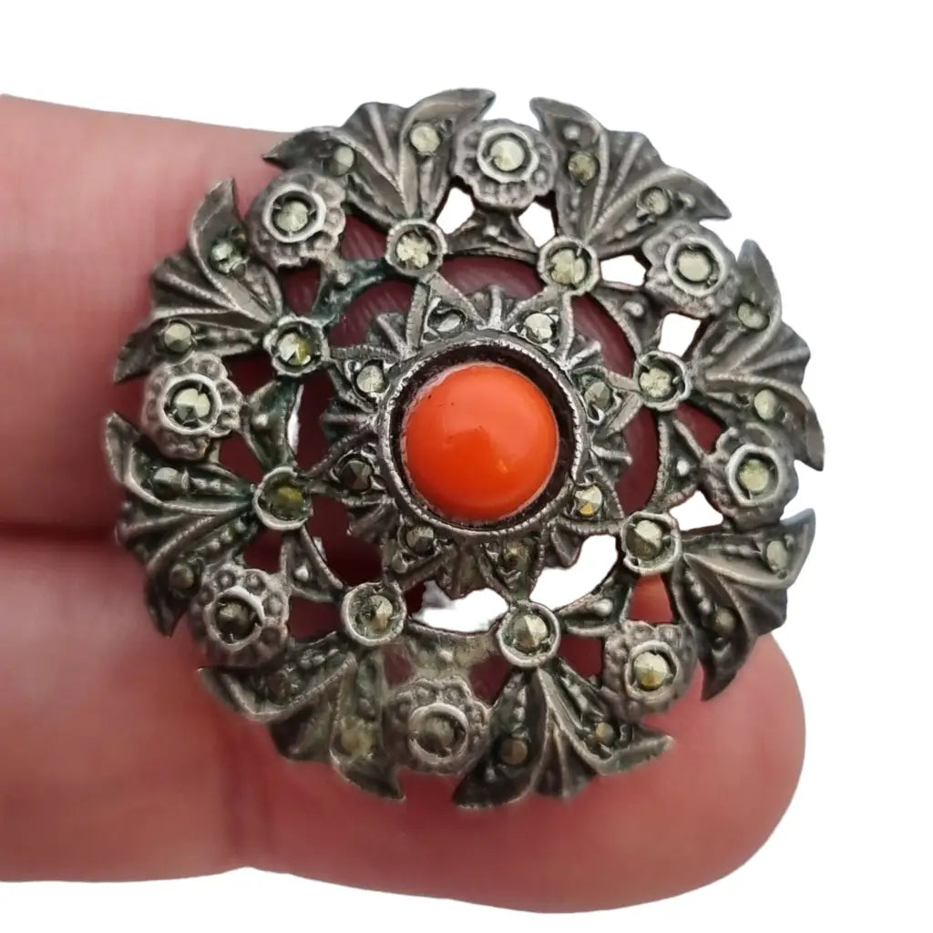 Broche plata coral Joyas vintage broche redondo mujer pin rojo