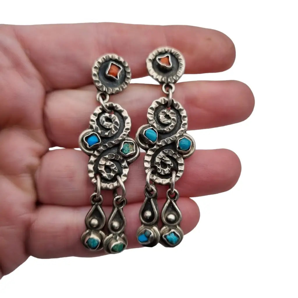 Aretes largos mexicanos para mujer plata de ley 925 coral rojo y azul turquesa