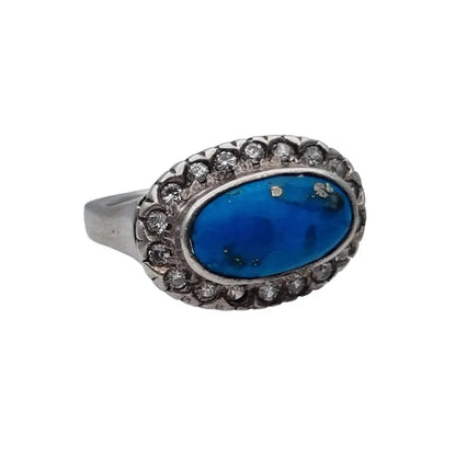 Anillo de plata con piedra turquesa y circonitas los años 80 estilo boho