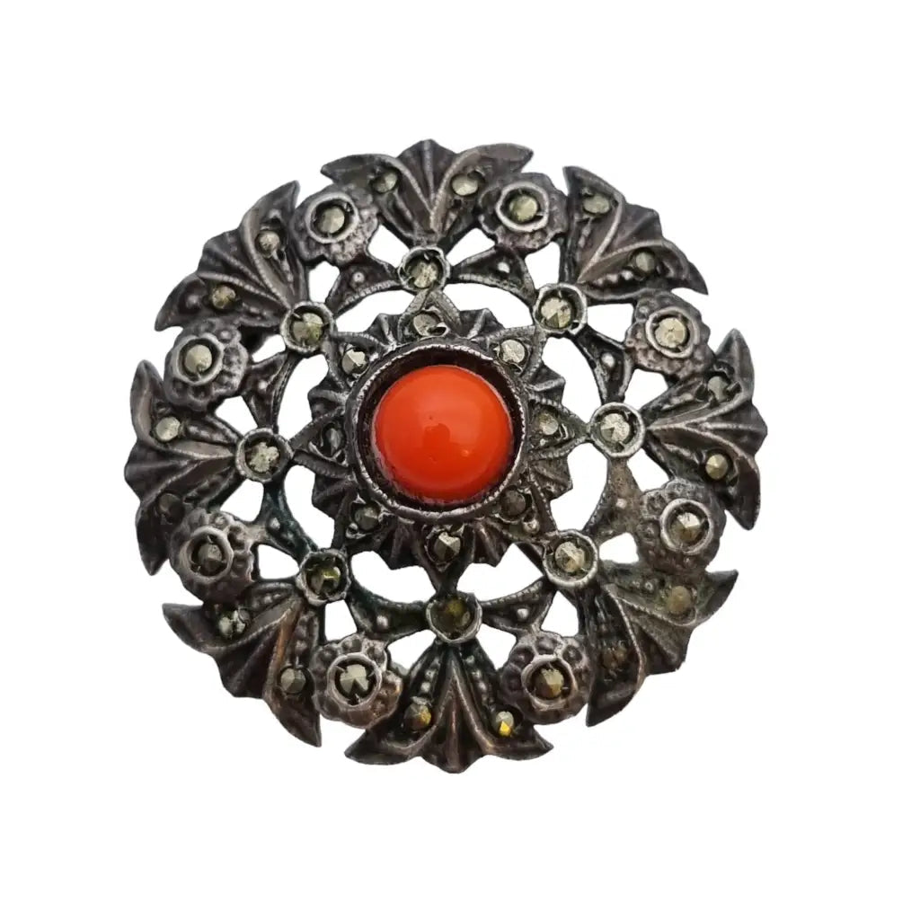 Broche plata coral Joyas vintage broche redondo mujer pin rojo