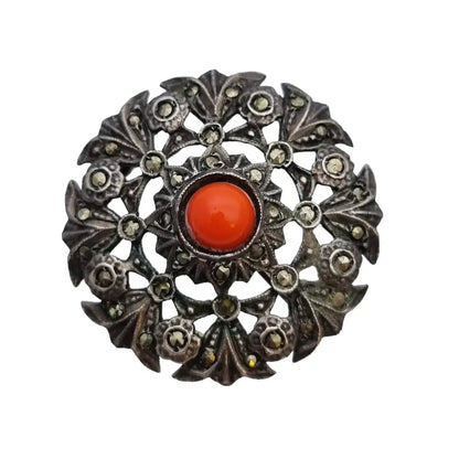 Broche plata coral Joyas vintage broche redondo mujer pin rojo