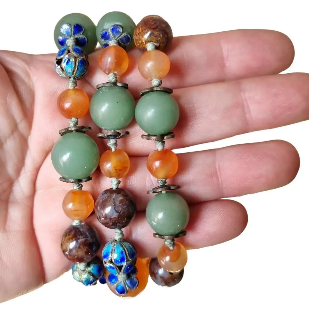 Collar vintage exportación China jade ágata cornalina y cuentas de cloisonné