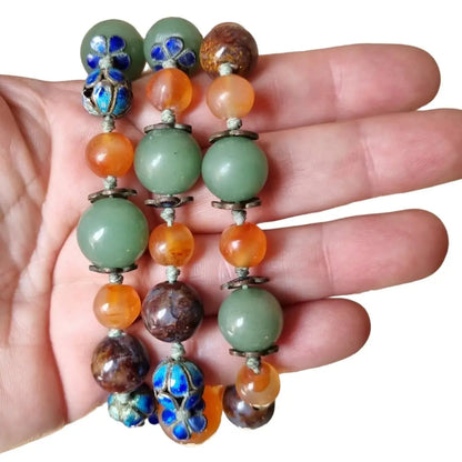 Collar vintage exportación China jade ágata cornalina y cuentas de cloisonné