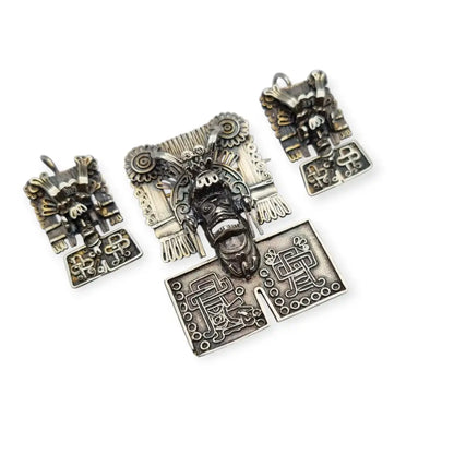 Juego de pendientes y colgante-broche Azteca plata 925 Arte Mixteco México.